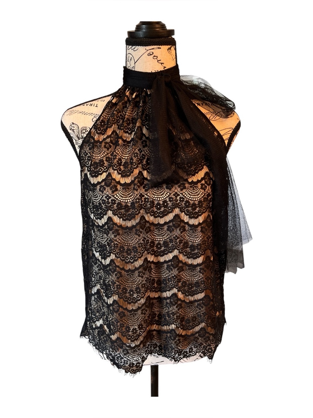 Moda International Black Lace Halter Top with Bow Tie Accent